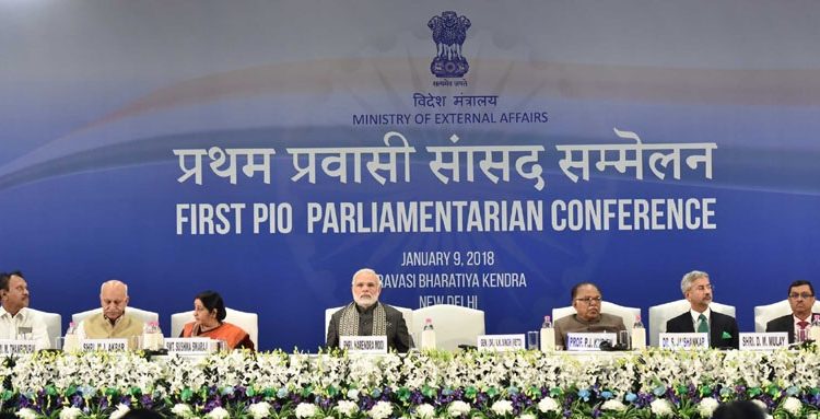 The Prime Minister, Shri Narendra Modi at the First PIO Parliamentarian Conference, in New Delhi on January 09, 2018.
	The Union Minister for External Affairs, Smt. Sushma Swaraj, the Minister of State for External Affairs, Shri M.J. Akbar and other dignitaries are also seen.