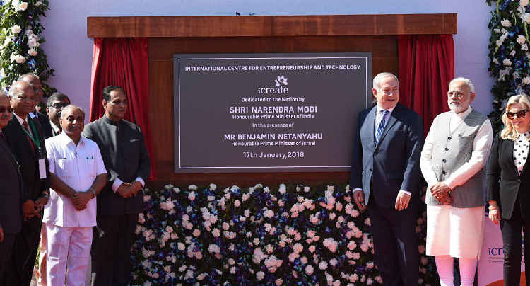 The Prime Minister, Shri Narendra Modi and the Prime Minister of Israel, Mr. Benjamin Netanyahu inaugurating the iCreate Center, at Deo Dholera Village, in Ahmedabad, Gujarat on January 17, 2018.
	The Chief Minister of Gujarat, Shri Vijay Rupani and other dignitaries are also seen.