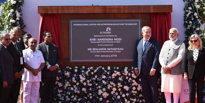 The Prime Minister, Shri Narendra Modi and the Prime Minister of Israel, Mr. Benjamin Netanyahu inaugurating the iCreate Center, at Deo Dholera Village, in Ahmedabad, Gujarat on January 17, 2018.
	The Chief Minister of Gujarat, Shri Vijay Rupani and other dignitaries are also seen.