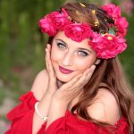 Girl Flowers Wreath Eyes Looking Delightful Happy