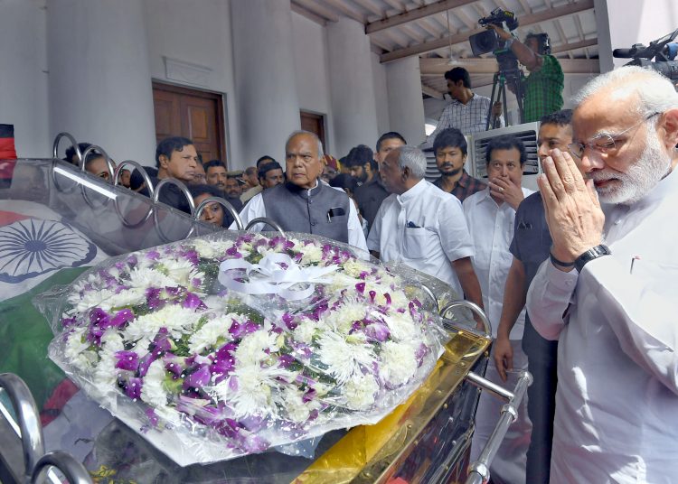 The Prime Minister, Shri Narendra Modi pays tributes at the mortal remains of Kalaignar Karunanidhi, in Chennai on August 08, 2018.