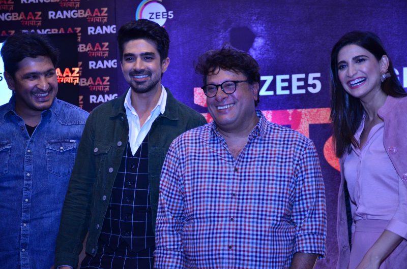 Director Bhav Dhulia actors Saqib Tigmanshu and Aahana Kumra at the ZEE5 Rangbaaz press launch e1545481777604