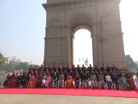 Seema Bhawani Shaurya expedition team with Mohit Dhar Jayal Chief Brand Officer Royal Enfield and Anuj Dua Global Brand Head Classic Royal Enfield e1646902315876